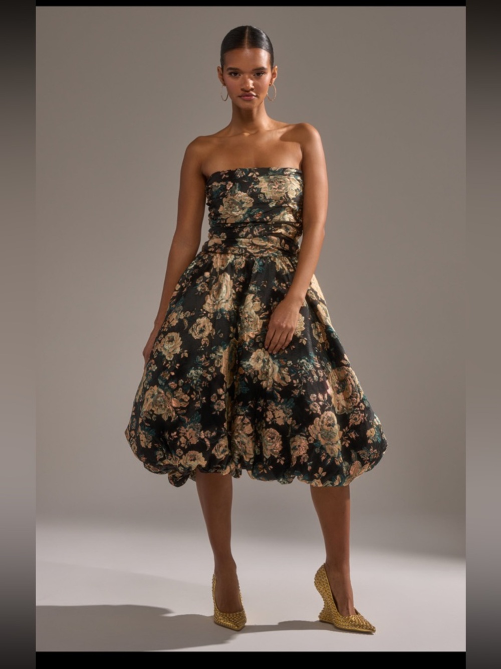 AKIRA Black Strapless Floral Bubble-Hem Dress